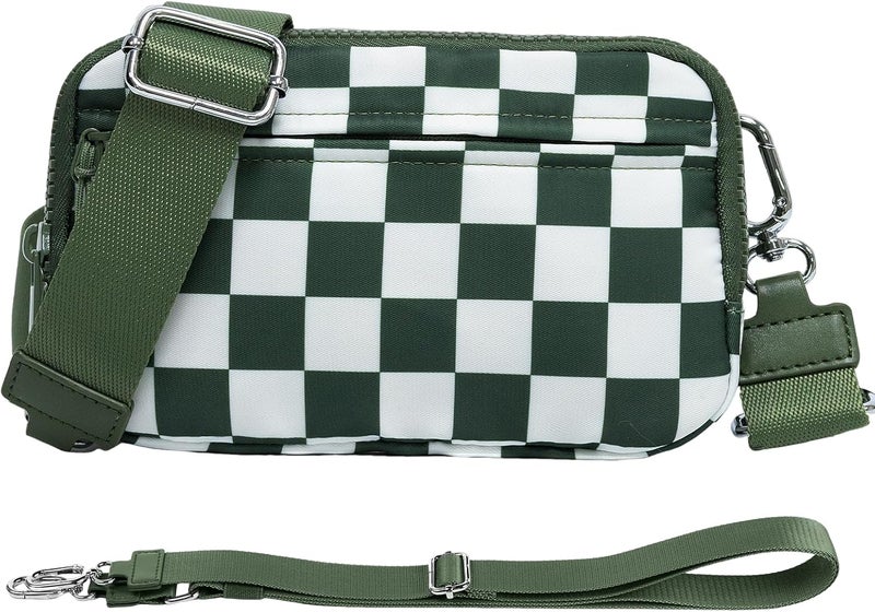 NBERMOTION Checkered Nylon Wristlet Wallets for Women RFID Blocking Purse With Credit Card Holder & Crossbody Strap - Image 1